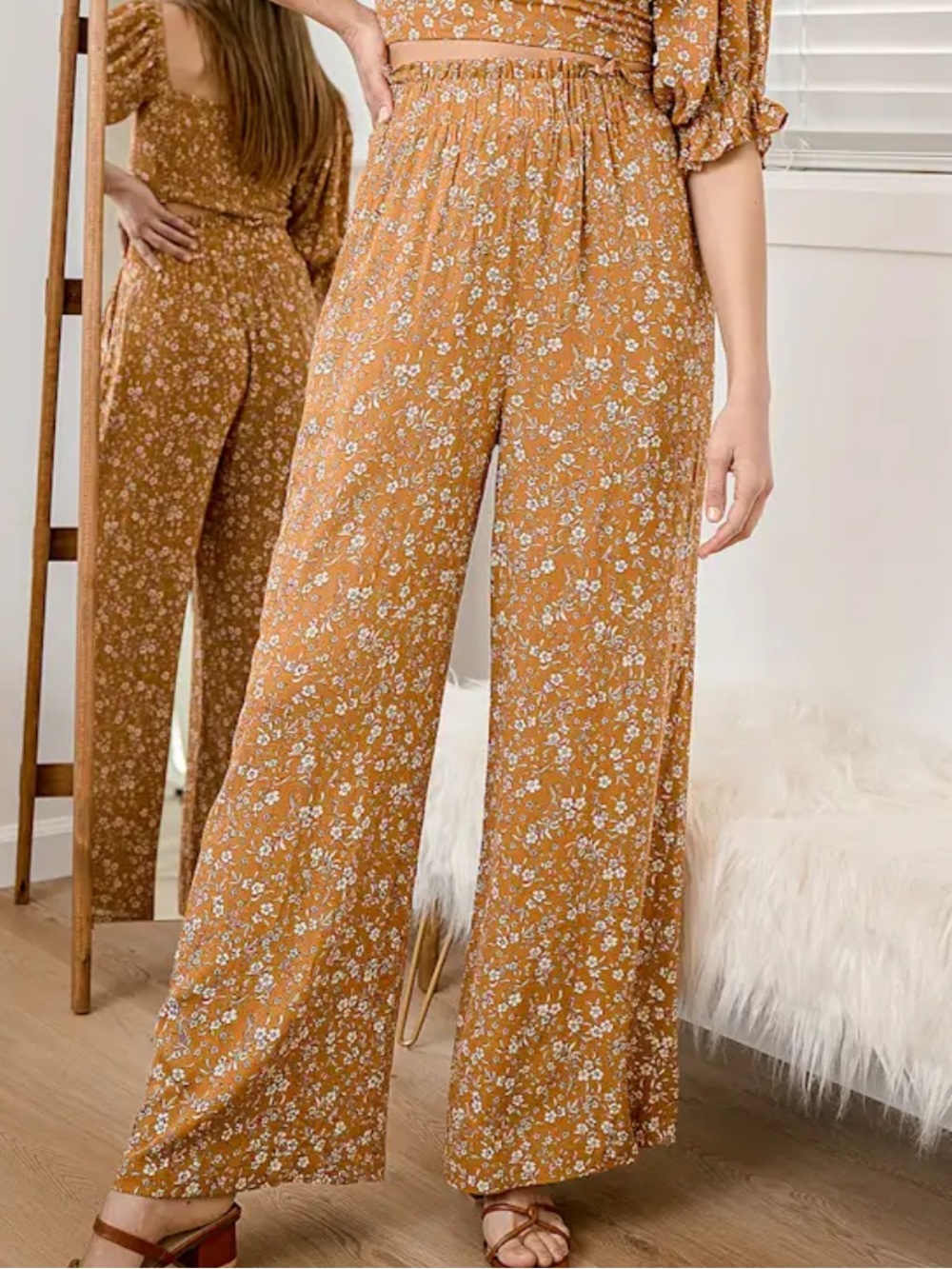 Lulus elastic waist pants large floral mustard yellow